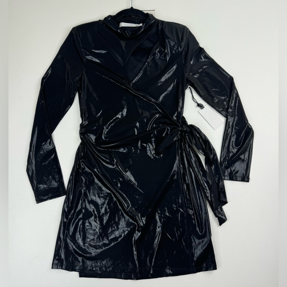 NWT ASTR The Cut Out Patent Long Sleeve Faux Wrap Mini Dress Small - Picture 3 of 16